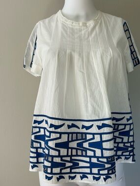 Sea New York White Embroidered Cotton Top Size 0 Blue Cutwork Blouse